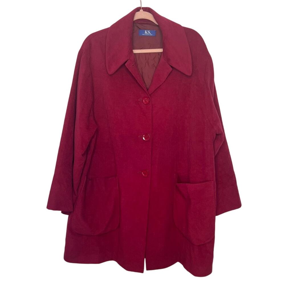 KS Selection Red Button Up Pockets Collared To Knee Lined Jacket‎ Coat Size XL